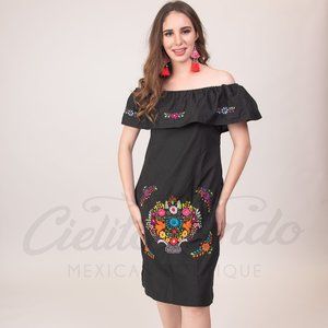 Mexican Off the Shoulder Black Dress with Handmade Floral Embroidery from Puebla